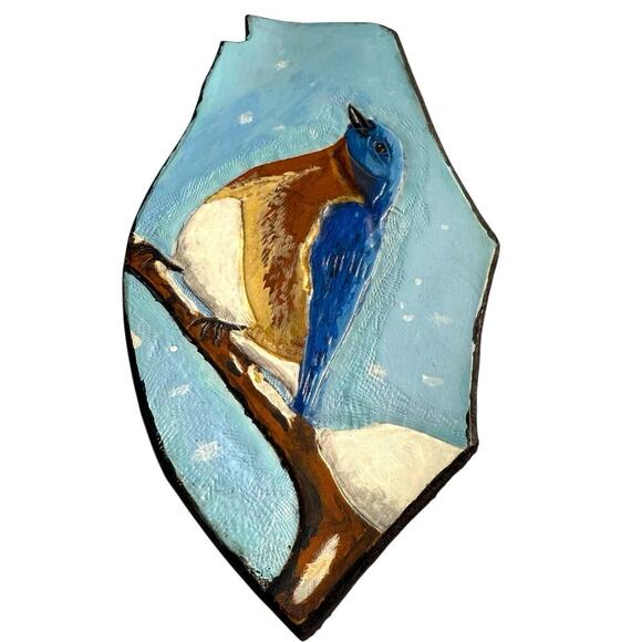 Eastern Bluebird Hand Painted Leather 3D Embossed Art Signed Folk Art Primitive - Picture 11 of 12